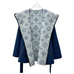 Louis Vuitton Womens Reversible Wool Hooded Belt Coat Blue Logo Print Size 36 XS